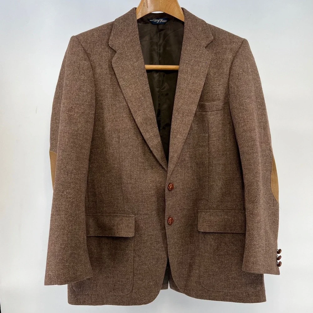Farah Vintage Mens 40L Brown Wool Tweed Blazer Suede Elbow Patches Made in USA